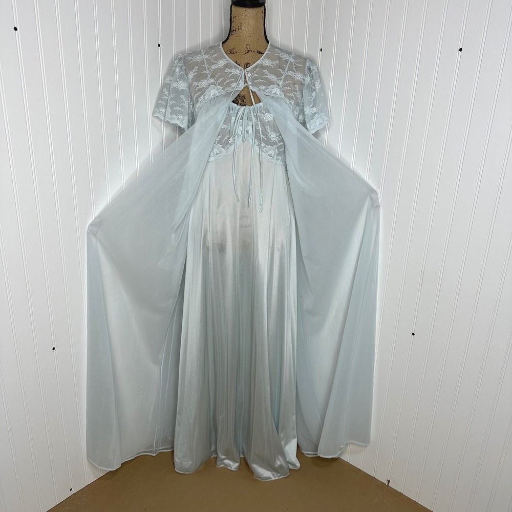 Vtg Shadowline Nightgown Robe Sheer Peignoir Floral Lace‎ Chiffon Ethereal Sz M